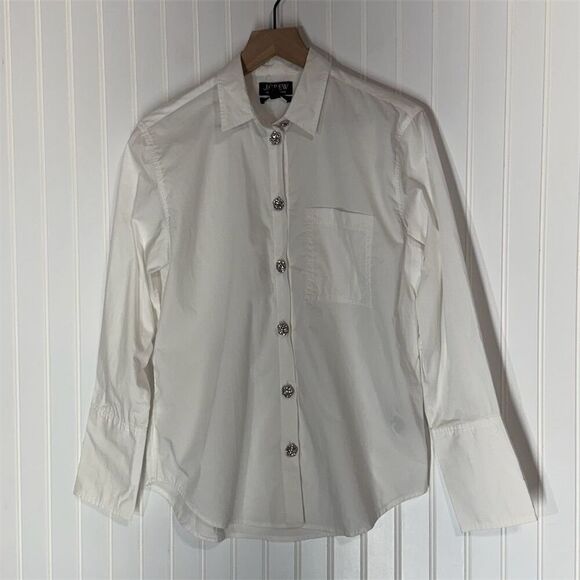 J.Crew Garçon Rhinestone Button Shirt 4 White Organic Cotton NWT Office Glam - Picture 1 of 8